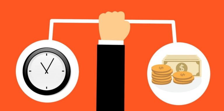 A clock and two stacks of coins on an orange background