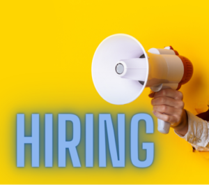 A person holding a megaphone with the word " hiring " in front of them.