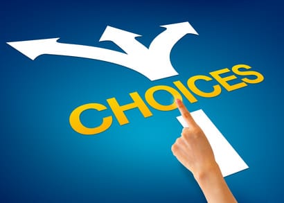 A hand pointing to the word choices on a blue background