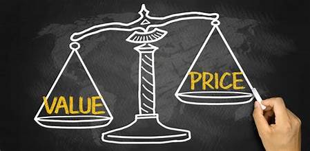 A balance scale with value on one side and price on the other.