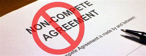 A document with a red circle and a slash through it with the words "Non-Compete Agreement".