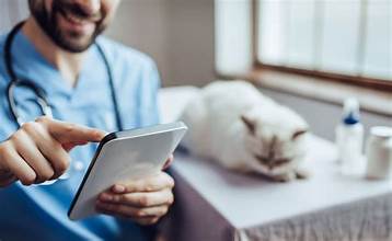 Vet using a tablet with a cat in the background.