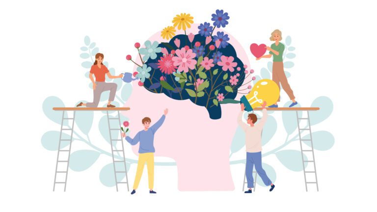 People nurturing a blooming brain.