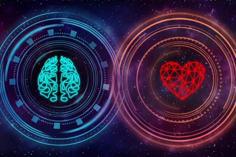 Brain and heart in glowing circles.