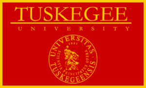 Tuskegee University logo on a red background.