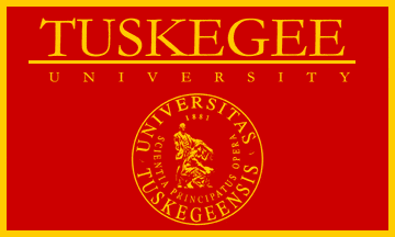 Tuskegee University logo with red background.